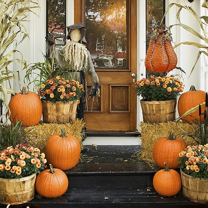 2X Pumpkin Garden Stake Metal Pumpkin Yard Sign Fall Decor, Decorative Garden Decor Pumpkin Outdoor Stakes Autumn Harvest Thanksgiving Halloween Rustic Pumpkin Décor Home (Orange, 20" H, 17" H)