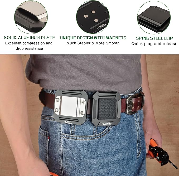 ULIBERMAGNET Drill Holder Belt Clip,Heavy Duty Clip-On Tape Measure Belt Holder,Soild Aluminum Tools Holster with Belt Clip Hook for Cordless Drill,Impact Driver,Tape Measure,Tools with Hanger Clips