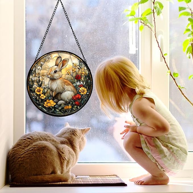 Stained Glass Window Hanging - Rabbit Flowers Suncatcher Ready to Hang Window Doors Home Decoration, Easter, Mother's Day Birthday Gifts for Women, Men, and Mom 11.8x11.8 in