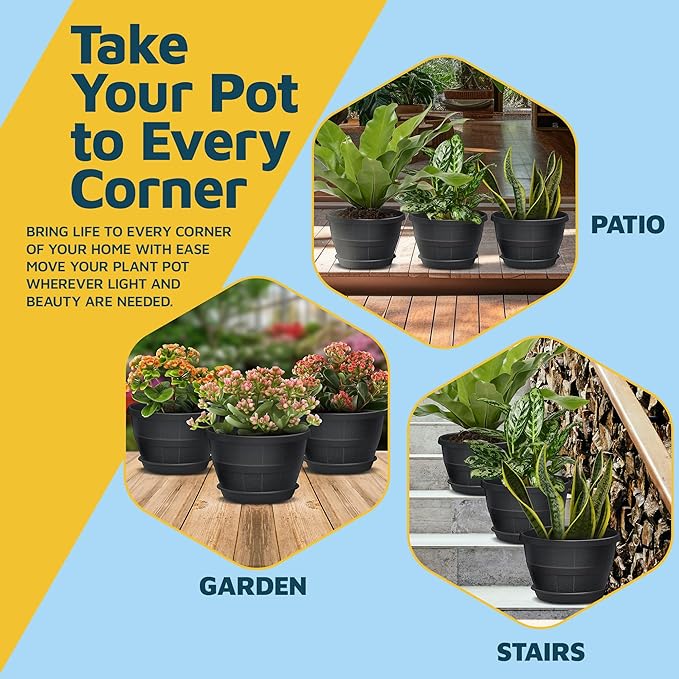10-Inch Whiskey Barrel Planters Outdoor Pack of 25 - Durable Plastic Plant Pots for Indoor & Outdoor Use with Drainage & Saucer, Lightweight Rustic Barrel Planters for Flowers, Herbs & Small Plants