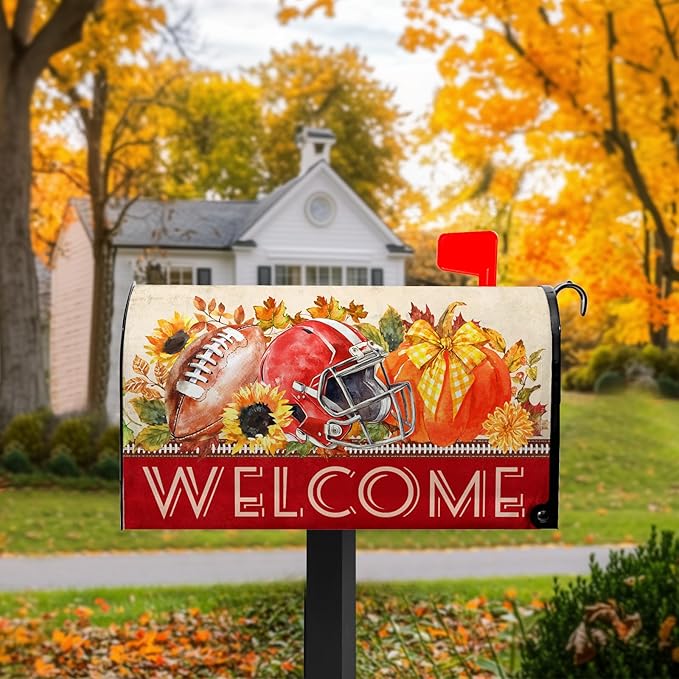Welcome Fall Mailbox Covers Autumn Football Mail Box Cover Magnetic Standard Size 21x18 inch Sunflower Pumpkin Maple Leaf Mailbox Wraps for Outside Garden Yard