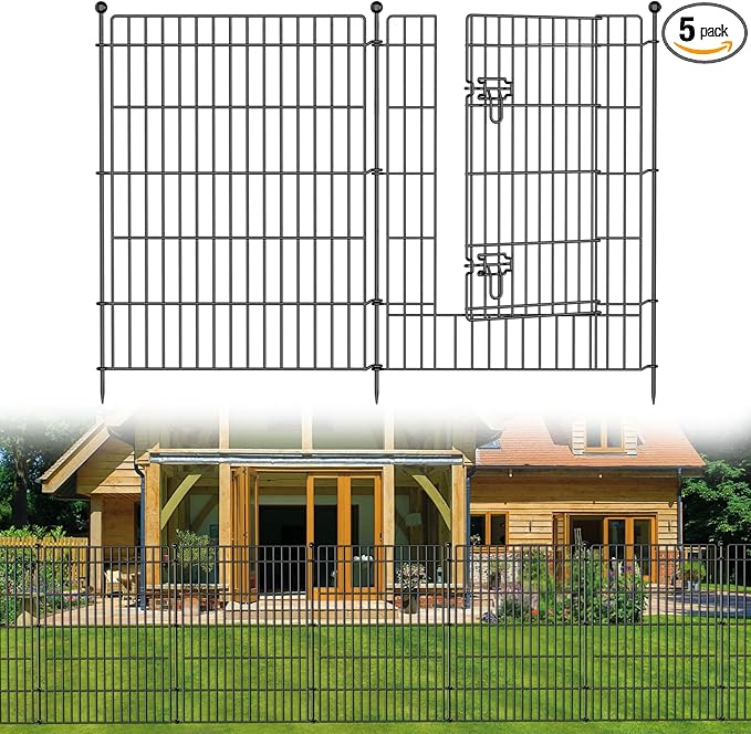 5 Panels No Dig Garden Fence with Gate, 44in(H) × 11.8ft(L) Decorative Metal Outdoor Dog Fence, Rustproof Pet Fencing for Yard, Patio, Flower Bed -Temporary Fencing| Easy to Install