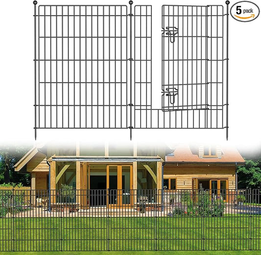 5 Panels No Dig Garden Fence with Gate, 44in(H) × 11.8ft(L) Decorative Metal Outdoor Dog Fence, Rustproof Pet Fencing for Yard, Patio, Flower Bed -Temporary Fencing| Easy to Install