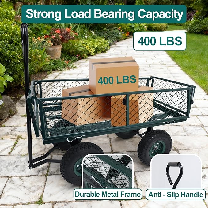 Elevon Utility Wagon Cart, Green | 10" Wheels & Removable Sides for Easy Yard Cleanup, Gardening, and Grocery Shopping