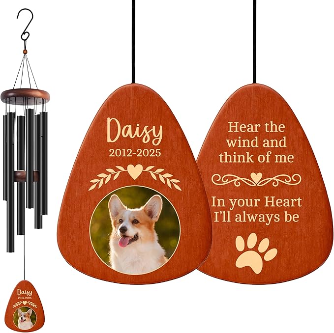 Personalized Pet Memorial Wind Chime with Photo - 37" Custom Pet Loss Gift with Name, Date & Quote - Drop Shape Wooden Pendant & Stainless Steel Tubes, Outdoor/Indoor Remembrance Wind Chime, Black D1