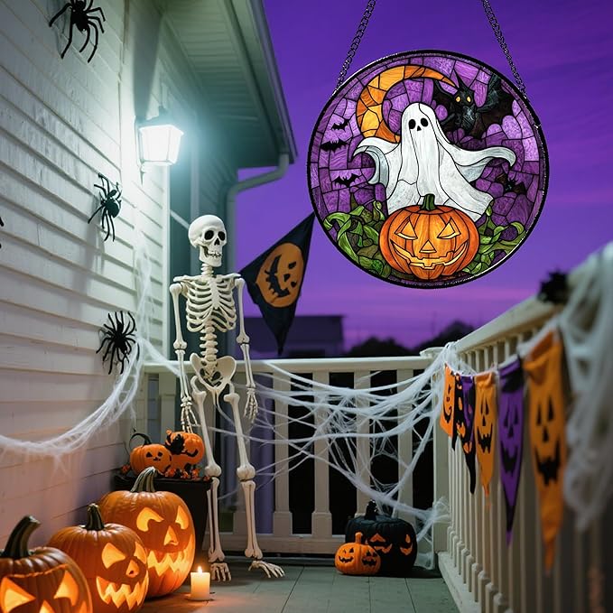 Stained Glass Window Hanging Halloween Scary Purple Night Sky Bat Ghost 9.8" - Suncatcher Door Garden Sun Catcher Gothic Home Decor Birthday Horror Gifts for Mom Men Woman Friend