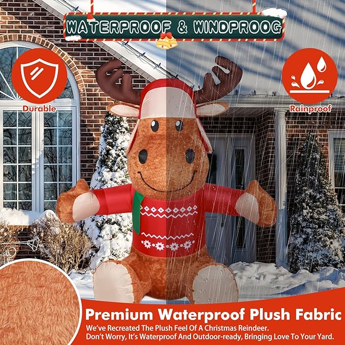 6 FT Christmas Inflatable Outdoor Decorations, Inflatables Plush Reindeer Yard Decor with Christmas Hat & Sweater, Built-in LED Lights Blow up Xmas Deer Holiday Decorations for Outside Lawn Garden