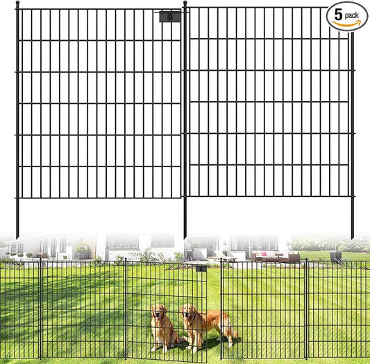 5 Panels No Dig Garden Fence with Gate, 32 in(H) X12.1 ft(L) Metal Fence Panels, Thickened Rustproof Garden Fencing, Animal Barrier for Dogs, Rabbits, and Patio