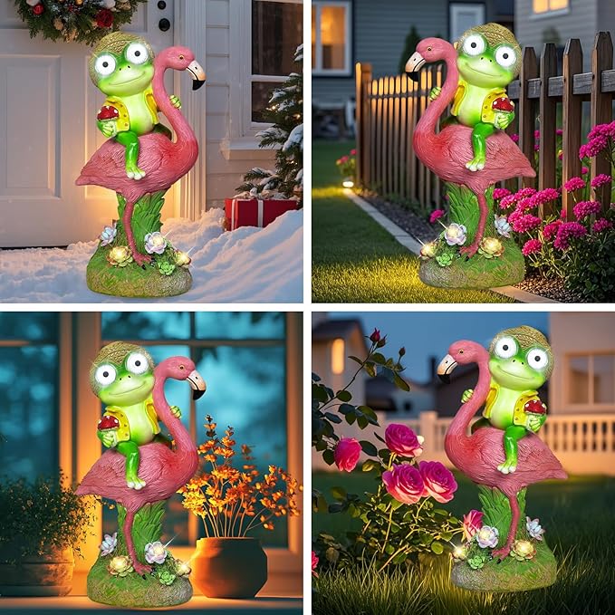 Solar Garden Decor Statue, Waterproof Flamingo Frog Outdoor Figurine with Lights, Cute Christmas Birthday Housewarming Gift for Women, Mom, Grandma, Art Decor for Yard Lawn Ornament