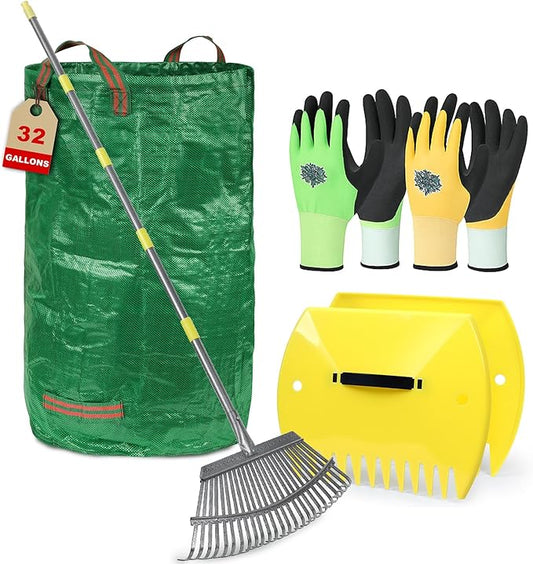 Leaf Cleanup Kit - Adjustable Metal Rake (36-73 in), 32-Gallon Self-Standing Yard/Garden Waste Bag with Support Hoop, Oversized Leaf Scoops (Leaf Claws) & 2 Pairs of Latex-Coated Gardening Gloves