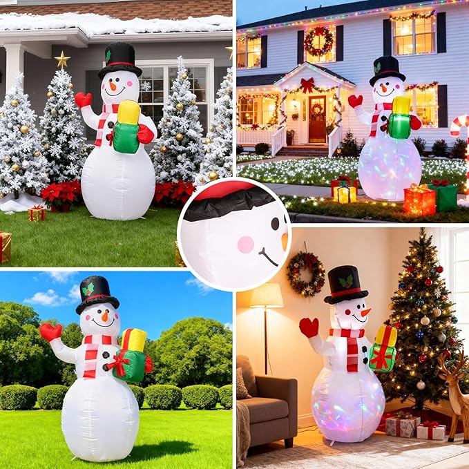 5FT Christmas Inflatables Snowman with Gift Box & Rotating Lights, Build-in LED Lights Blow up Xmas Inflatables Decoration for Yard Garden Lawn (Snowman)