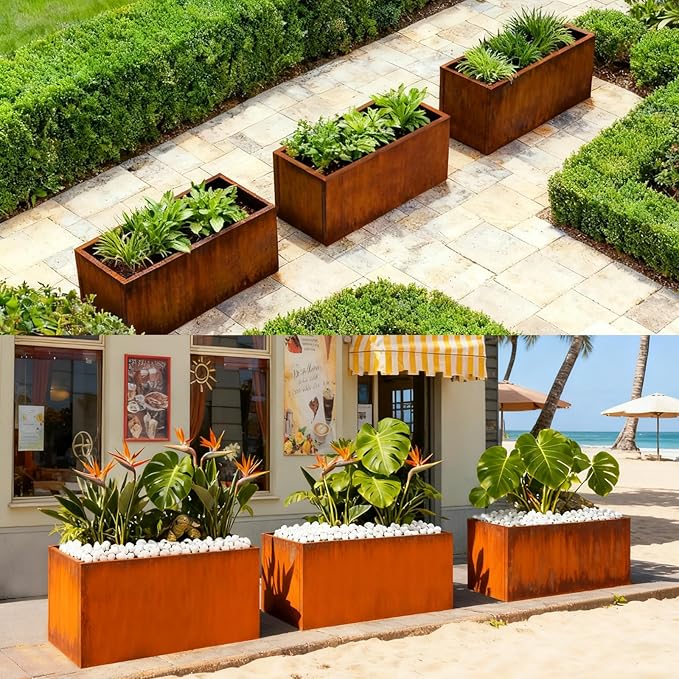 Corten Steel Planter Box Metal Outdoor Large Rectangular Rustic Durable Antique Detached for Commercial Residential Patio Deck and Backyard 36" x 12" x 16"