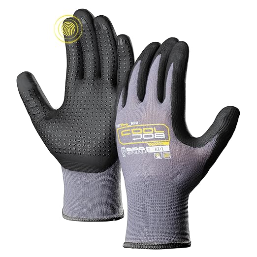 COOLJOB 6 Pairs Nitrile Rubber Dipped Safety Work Gloves with Grip Dots, Seamless Knit Nylon Gloves with 2 Fingers Touchscreen, Non-slip Coated for Warehouse, Home Improvement, Yard, Grey Large