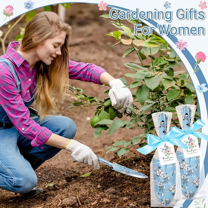 Capoda 12 Sets Floral Garden Shovels Bulk Gardening Gift for Women Thanksgiving Garden Tools Floral Hand Heavy Duty Trowels Thank You Cards with Bags for Christmas Mom Birthday Teacher(Blue,Bright)