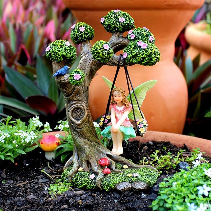 PRETMANNS Fairies for Fairy Garden – Cute Accessories Kit for Indoor or Outdoor Miniature Garden – Figurines, Tree Swing & Puppy Included – 4 Piece Set