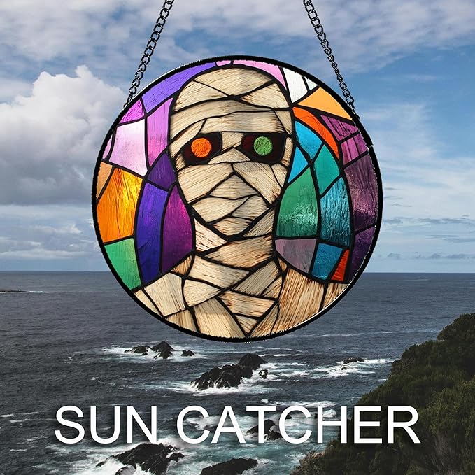 Stained Glass Window Hanging Halloween Abstract Colorful Mummy 6.3" - Suncatcher Door Garden Sun Catcher Gothic Decor Birthday Horror Funny Gift for Mom Woman Nana Friend Men