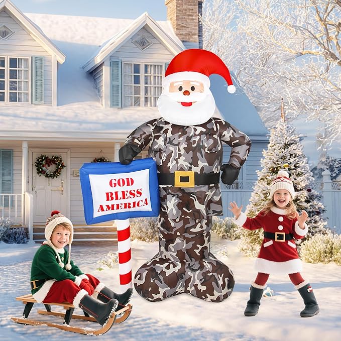 Christmas Inflatable Outdoor Decoration, 7FT Inflatables Camouflage Santa Claus Yard Decor with Hat & Sign, LED Light Blow up Giant Holiday Decoration for Indoor Outside Lawn Garden Soldier Army Gift