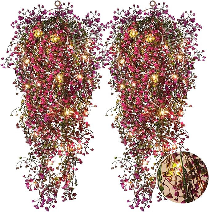 RECUTMS 4Pcs Fake Ferns Artificial Hanging Plants with 30 LED Lights Ivy Flowers Large Faux Hanging Plant for Indoor Outdoor Room Garden Porch Wedding Party Decorations (Fuchsia)