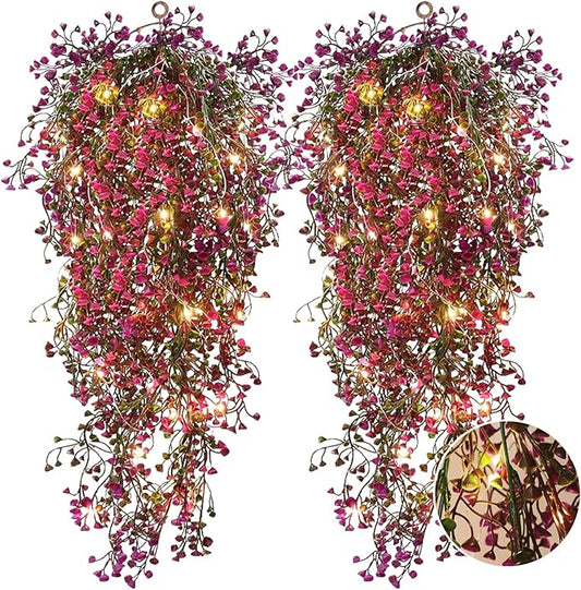 RECUTMS 4Pcs Fake Ferns Artificial Hanging Plants with 30 LED Lights Ivy Flowers Large Faux Hanging Plant for Indoor Outdoor Room Garden Porch Wedding Party Decorations (Fuchsia)