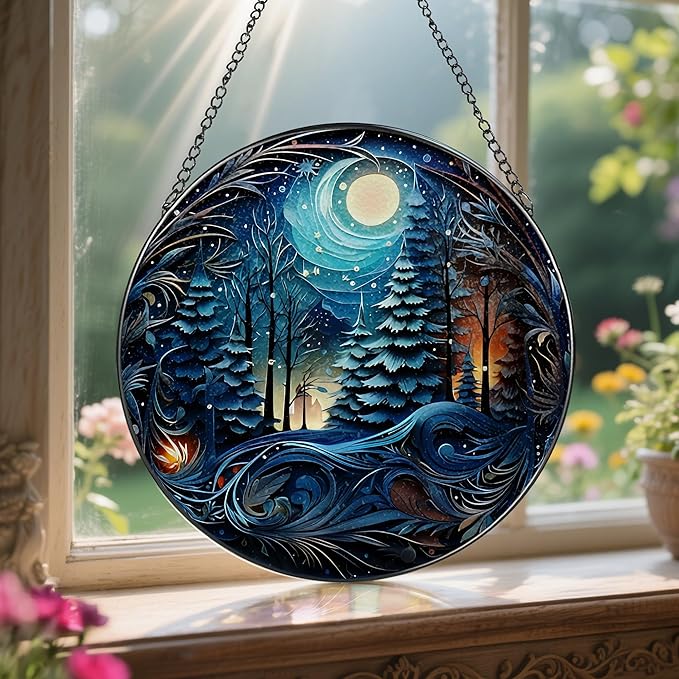 8-Inch Starry Night Forest Suncatcher Ornament, Stained Glass Window Hanging & Stained Glass Holiday Ornament, Sun Catcher Window Decor — Magical Gift for Nature Lovers, Gifts for Christmas & Holidays