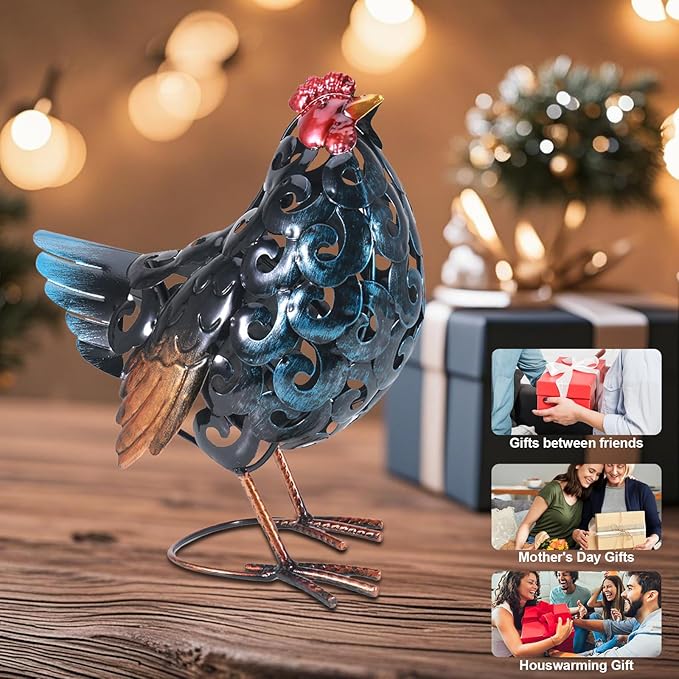 Chicken Metal Garden Statues,Backyard Scuplture,Outdoor Decoration, Yard Ornaments Outside Decor Home Deco, Retro Painting,Lifelike Gift for Friends Garden Lover (Hen)