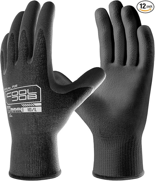 COOLJOB 12/60 Pairs Safety Work Gloves Pack Bulk with Grip PU Coating, 13 Gauge Seamless Knit Gloves with Polyurethane Dipped for Warehouse Working, Breathable Lightweight for Men Women, Black Small