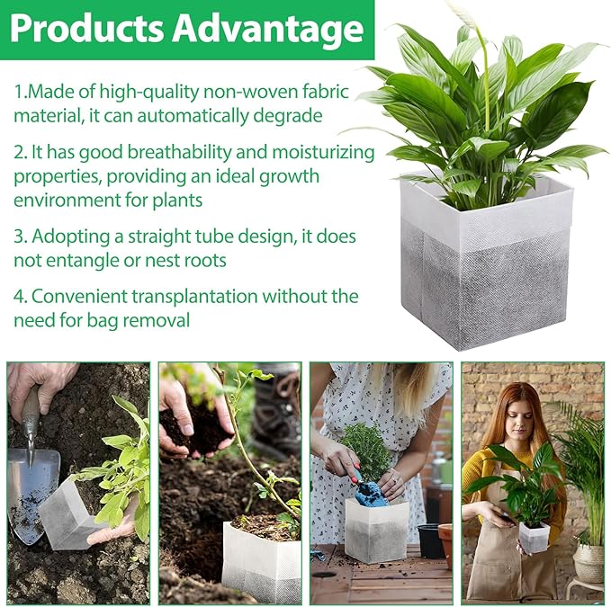 Augshy Nursery Growing Bags, 200Pcs Plant Grow Bags Non-Woven Fabric Seedling Pots, 9" x 9" for Planting, Starting Vegetable, Flower, Fruit Saplings, Trees