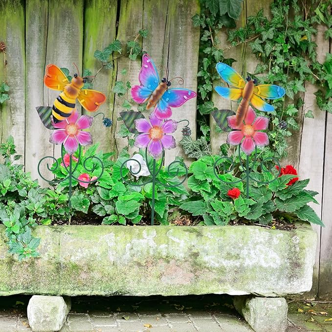 Topadorn Floral Garden Stakes Outdoor Plant Pick Waterproof Metal Flower Garden Stakes for Lawn Yard Patio,Pathway and Planter Pot Decor,Set of 3,Bee,Butterfly and Dragonfly