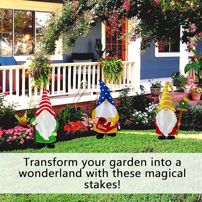 Gnomes Decorations for Yard,Metal Gnomes Decorative Garden Stakes，Garden Ornaments for Outside Yard Lawn,Outdoor Porch Patio (Mix)