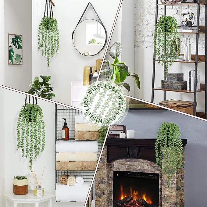 Realistic Artificial String of Pearls Plant - Faux Hanging Succulent Trailing Plant with Black Pot, Natural-Looking Small Potted Faux Plant Indoor Outdoor for Home Office Shelf Decor