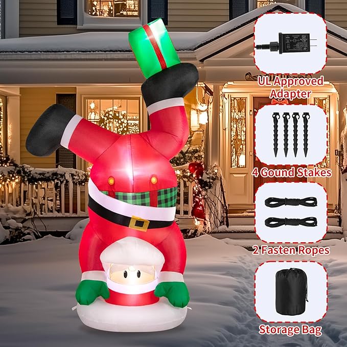 Christmas Inflatables Outdoor Decorations, 8 FT Handstand Santa Claus with 3 LED Lights Large Blow Up Yard Decor, Christmas Party Outdoor, Yard, Garden, Lawn Winter Decorations Ornaments