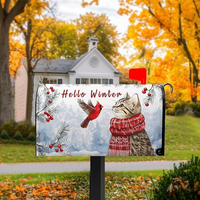 Hello Winter Cat Mailbox Cover Cardinal Bird Mailbox Covers Magnetic Snow Snowflake Post Letter Box Cover Standard Size 21x18 inch for Garden Outdoor Yard Decor