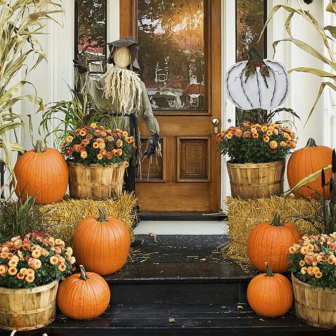 Veclotch 2set Pumpkin Garden Stake Metal Yard Sign Fall Decor, Decorative Decor Outdoor Stakes for Autumn Harvest Thanksgiving Halloween Rustic Decoration Home (White, 17''H)