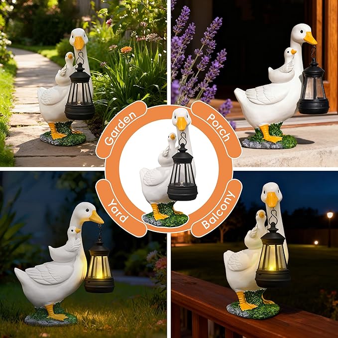 Solar Porch Goose Garden Statues - Goose Sculptures with Lantern Outdoor Decoration Waterproof Figurine Lights for Outside Patio Yard Decor Lawn Ornaments Birthday Gifts for Grandma Mom Women