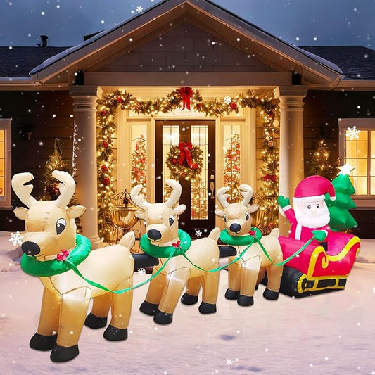 14FT Christmas Inflatables Santa Claus on Sleigh Outdoor Decorations, Santa Claus on Sleigh with 3 Reindeer, LED Lighted Outdoor Yard Decoration for Xmas Party Decor Yard Garden Lawn
