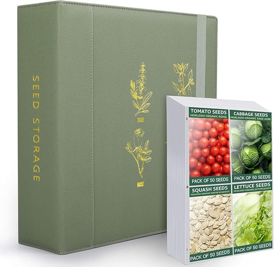 Seed Storage Organizer, Binder with 50 Pack Sheet Protectors That Stores 200 Seed Envelopes, PU Leather Cover, 2.5" D-Ring Binder, Gift for Garden Lover