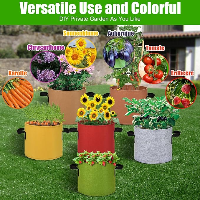 6-Pack Fabric Grow Bags 5 Gallon – Colorful 300G Thickened Nonwoven Planter Pots with Sturdy Handles, Breathable Garden Bags for Vegetables, Potato, Flowers