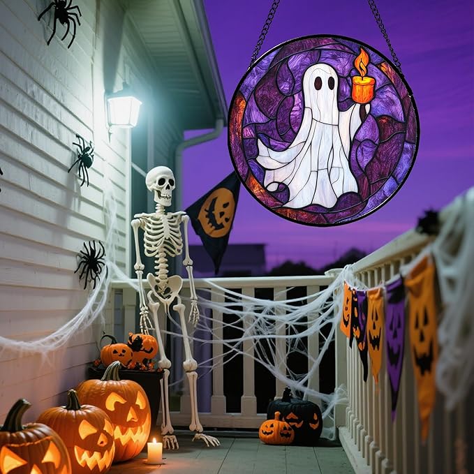 Stained Glass Window Hanging - Halloween Decorations Ghost Suncatcher for Doors Garden Indoor Spooky Funny Purple Sun Catchers Gothic Decor Horror Gifts for Women Men Friend 15 in