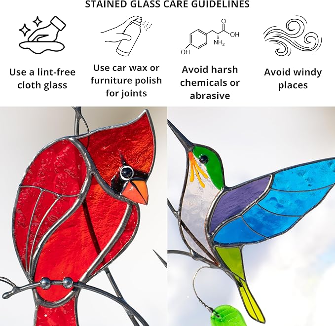 Hummingbird Cardinal Birds Stained Glass Suncatcher Genuine Stained Glass Window Hangings Unique Indoor Ornament & Outdoor Decor (Cardinal and Hummingbird)