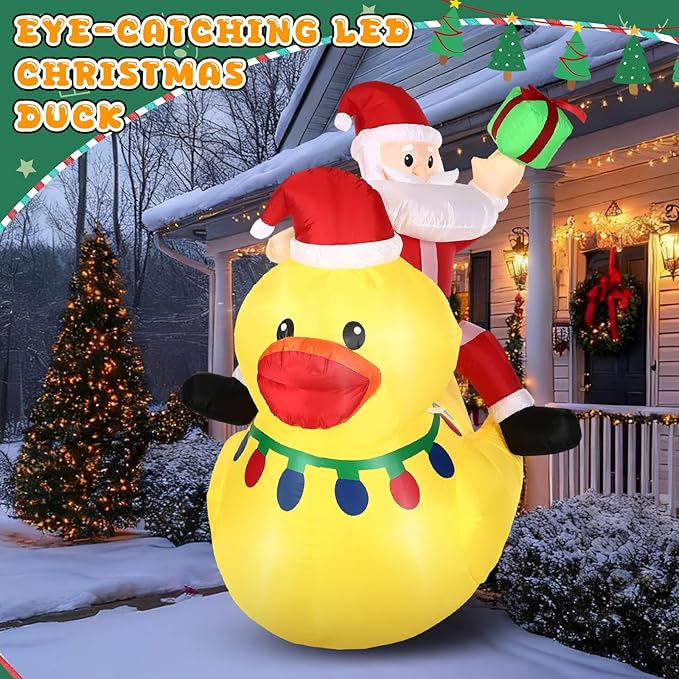 Leyndo 1 Set 5ft Christmas Inflatables Decoration Outdoor Santa Riding Duck Inflatables with Build-in Leds Lights Giant Blow up Duck with Santa Claus for Mall Garden Patio Lawn Indoor Party Xmas Decor
