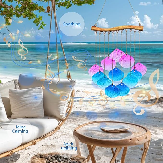 Glass Shell Wind Chimes for Outdoor Decor -Durable Windchimes for Garden, Porch, and Outside Spaces, Unique Handmade Outdoor Wind Chimes, Yard Decorations
