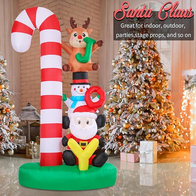 Christmas Inflatables Christmas Blow Up Yard Decorations Christmas Inflatable Candy Cane Santa Clause Snowman Reindeer Holding Joy LED Lighted Up Yard Lawn Garden Home Party Decor