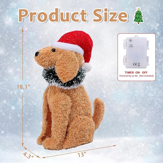 Christmas Lighted Dog Decoration Pre-lit 3D Glittered Fluffy Puppy Battery Operated Lighted Up Sitting Ornament Outdoor Indoor Christmas Decoration for Home Lawn Yard Garden Display