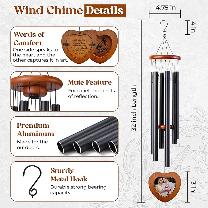 32" Cardinal Memorial Wind Chimes for Outside – Sympathy Wind Chimes for Loss of Loved One – Remembrance Gift for Mom Dad Husband Wife Son Daughter with Optional Photo Pendant & Keychain