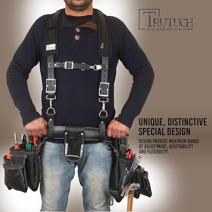 Leather Work Suspenders With Pockets | Fully-Adjustable Padded Leather Tool Belt Suspenders