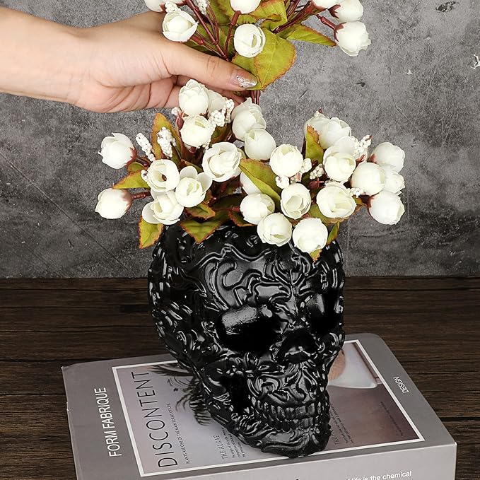OwnMy Resin Skull Planter for Indoor Plants, Black Skull Flower Succulent Pot with Drainage Holes, Halloween Skulls Head Planter Decorative Small Succulents Planters Pot for Tabletop