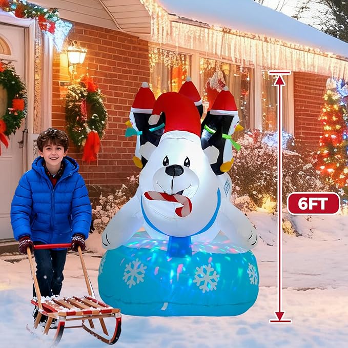 6FT Polar Bear Inflatable Decoration with Built-in LED Lights and Colorful Flashing Lights, Christmas Outdoor Inflatable Decoration for Lawn, Yard, Garden, Patio