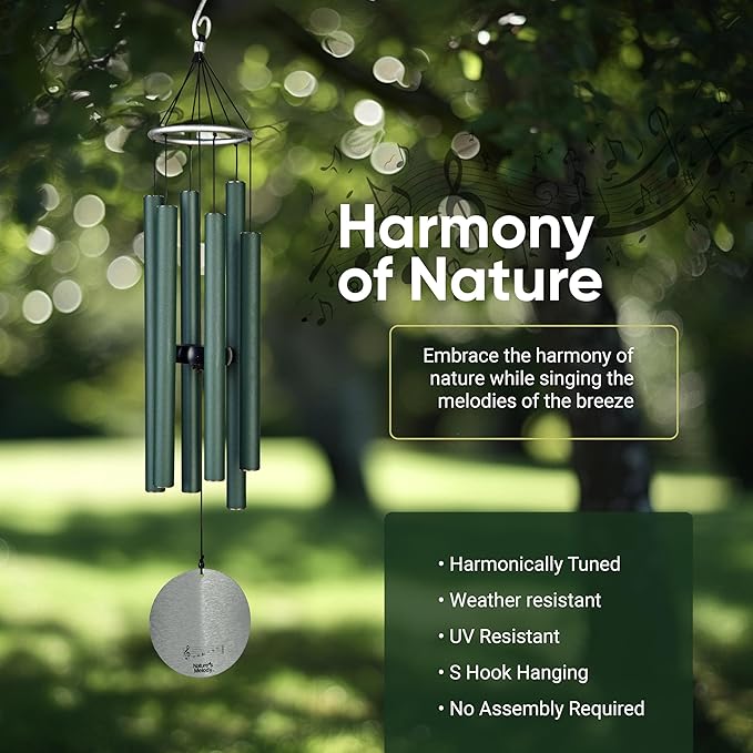 Nature’s Melody Aureole Tunes Wind Chimes – Outdoor Windchime with 6 Tubes Tuned to E Pentatonic Scale, 100% Rustproof Aluminum, Powder Finish & S Hook Hanger for Sympathy, Memorial Gift or Zen Garden