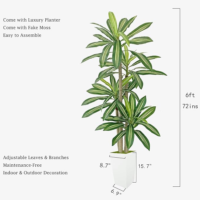 Artificial Dracaena Tree 6ft, Fake Plant with White Tall Planter, Faux Yucca Floor Trees, Artificial Silk Plants for Home Office Room Decor Housewarming Gift Indoor