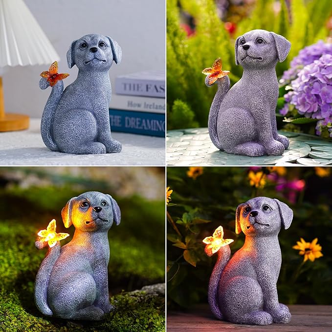 Nacome Solar Dog Outdoor Statues for Garden: Outside Decor with Butterfly Clearance for Yard Art Lawn Ornaments Patio Balcony Home House for Grandma Mom Women